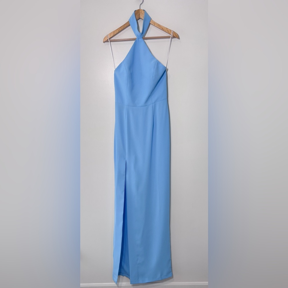 Amanda Uprichard Revolve Queen Pacific Blue Halter Neck Slit Sheath Gown Small - Picture 3 of 9
